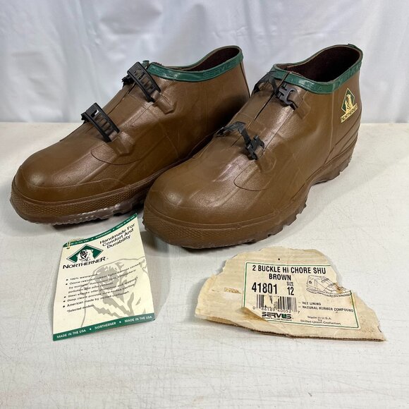 NEW Northerner 2 Buckle Hi-Chore Overshoe - Men 12 Brown Rubber Waterproof 41801 - Picture 1 of 15